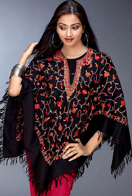 Black Kashmiri Poncho with All-Over Embroidery