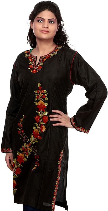 Black Kurti from Kashmir with Ari Embroidered Flowers by Hand
