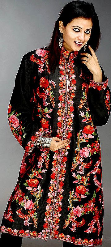 Black Long Aari Jacket Hand-Embroidered in Kashmir