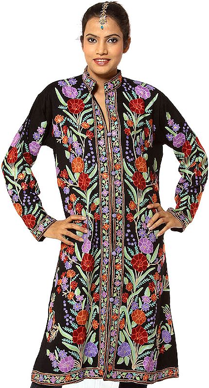 Black Long Floral Jacket from Kashmir with Aari-Embroidery All-Over