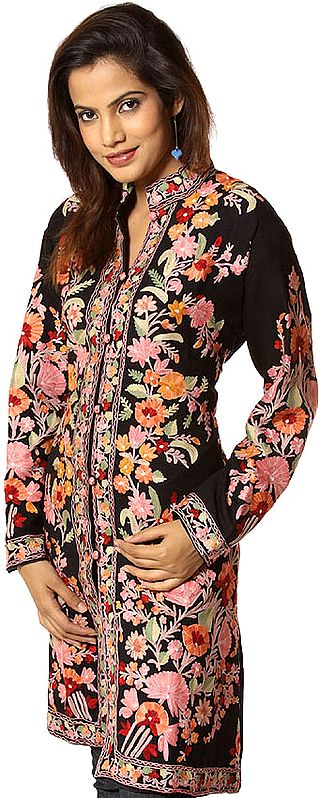 Black Long Floral Jacket from Kashmir with Crewel-Embroidered Flowers