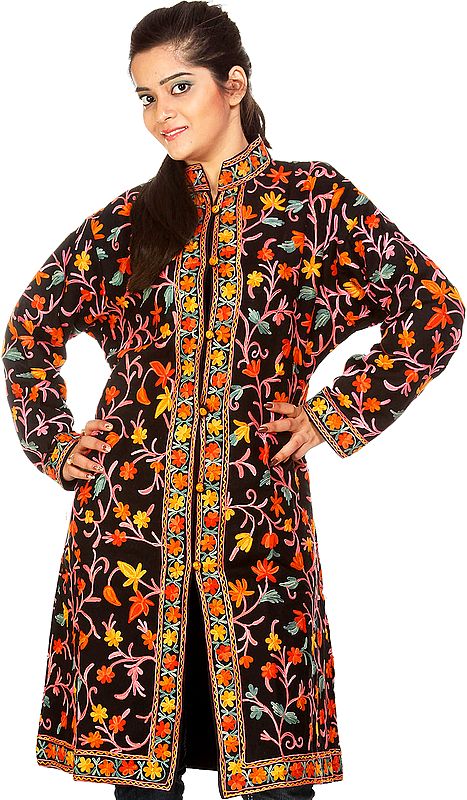 Black Long Kashmiri Jacket with All-Over Embroidered Flowers