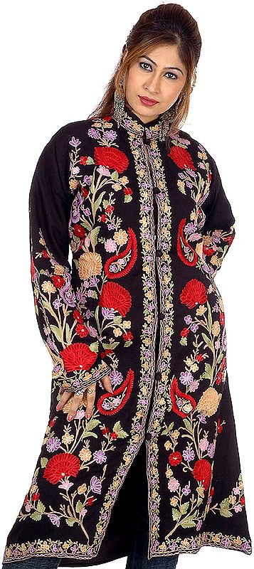 Black Long Kashmiri Jacket with All-Over Floral Embroidery