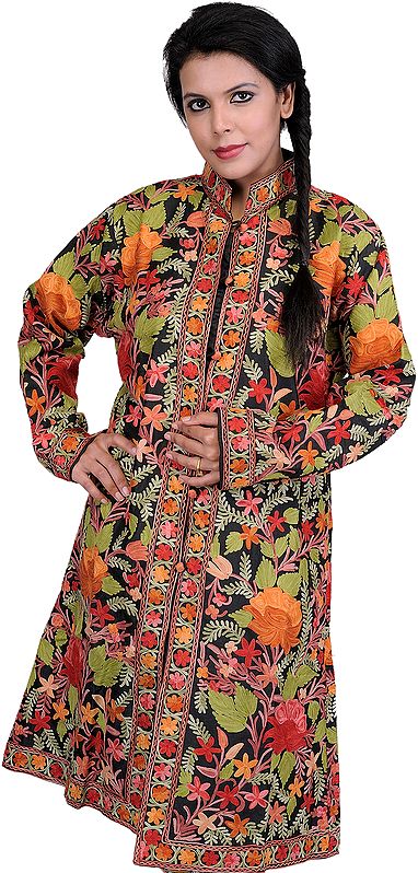 Black Long Kashmiri Jacket with Aari Embroidered Flowers All-Over