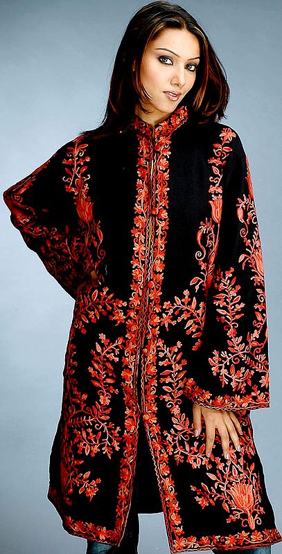 Black Long Kashmiri Jacket with Aari Embroidery