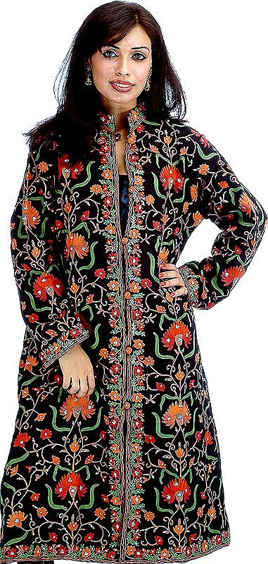 Black Long Kashmiri Jacket with Floral Embroidery and Sequins