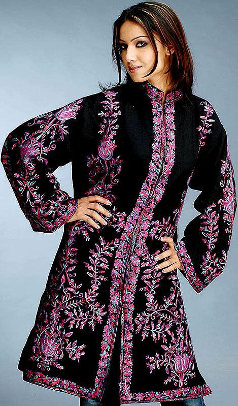 Black Long Kashmiri Jacket with Multi-Color Embroidery
