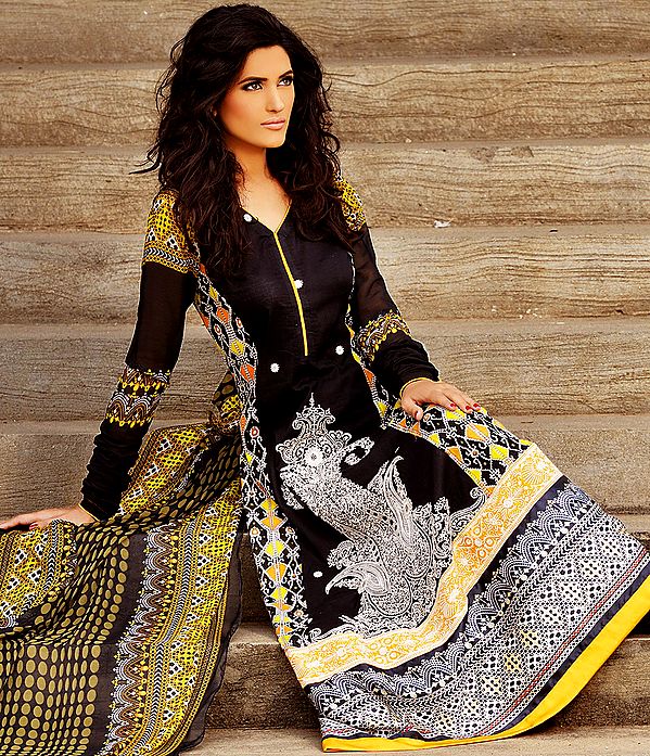 Black Long Salwar Kameez From Pakistan with Embroidered Panel and Silk Border