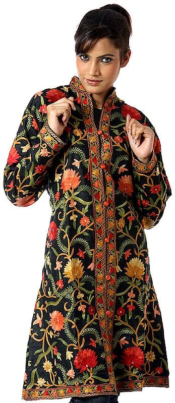 Black Long Silk Jacket Embroidered with Flowers All-Over