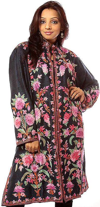 Black Long Silk Jacket with Aari Embroidered Flowers