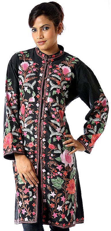 Black Long Silk Jacket with Embroidered Flowers All-Over