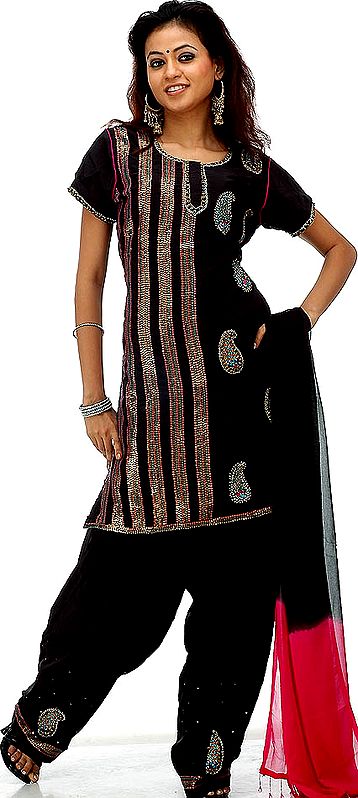 Black Paisley Salwar Suit with Brass Sequins and Beads