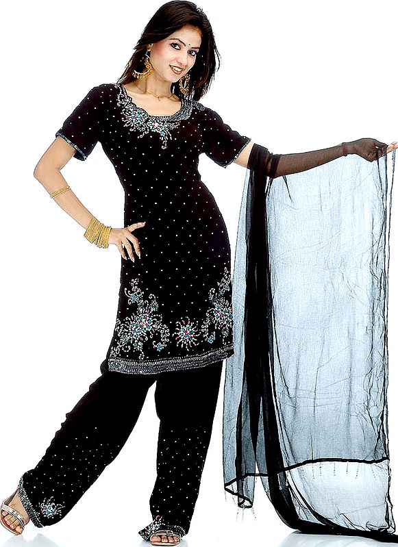 Black Parallel Salwar Kameez with Beads and Sequins