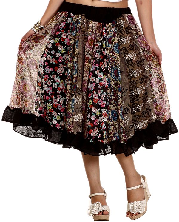 Black Patch Midi-Skirt with Printed Flowers