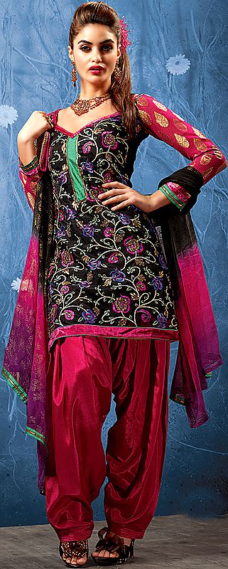Black Patiala Salwar Kameez With Aari Embroidered Flowers and Velvet Border
