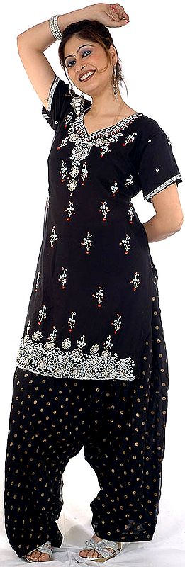 Black Patiala Salwar Suit with All-Over Embroidery and Sequins