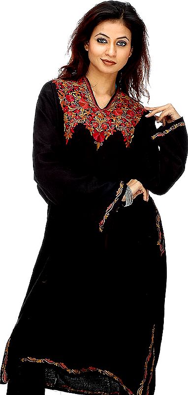 Black Phiran with Aari Embroidery from Kashmir