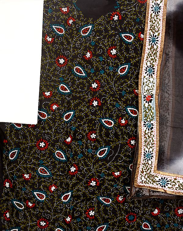 Black Phulkari Salwar Kameez Fabric from Punjab with Crewel Embroidery by Hand