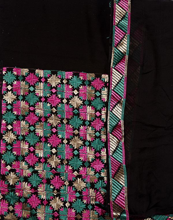 Black Phulkari Salwar Kameez Fabric From Punjab with Aari-Embroidery and Crystals