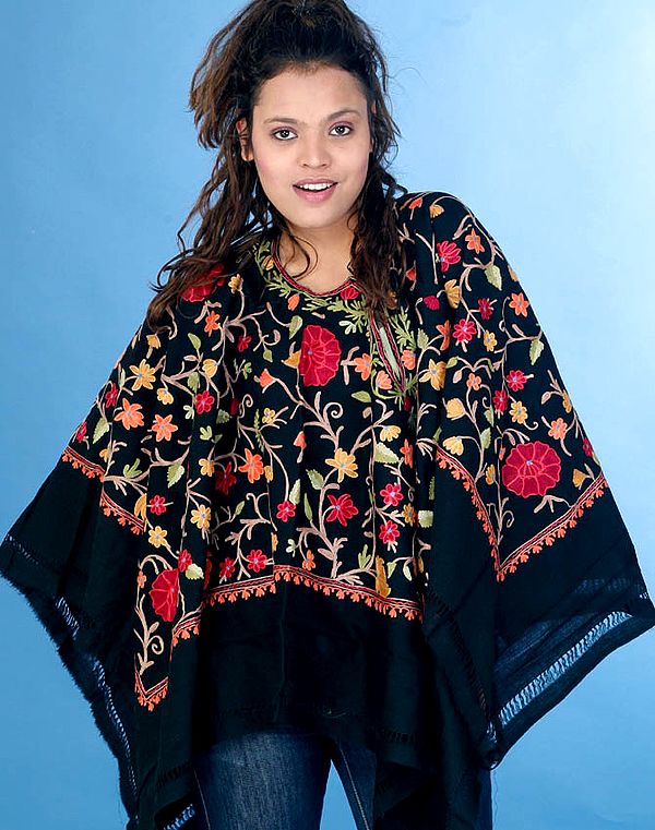 Black Poncho with All-Over Floral Embroidery