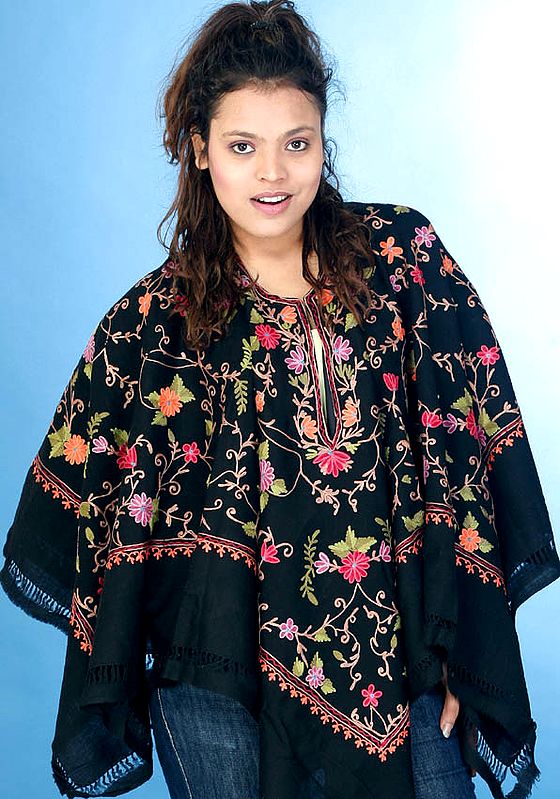 Black Poncho with All-Over Flowers