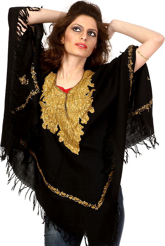 Black Poncho with Aari Embroidery by Hand on Neck and Border