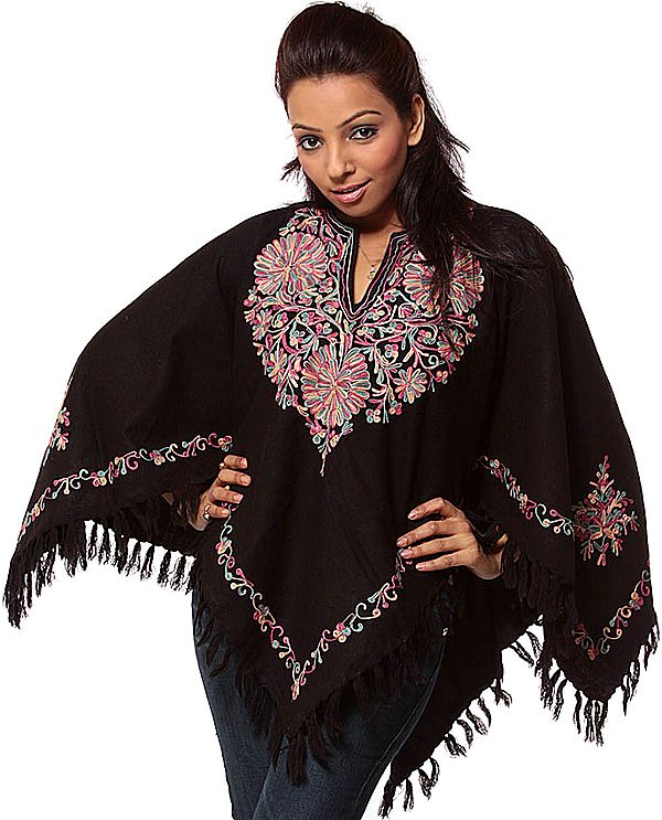 Black Poncho with Aari Embroidery on Neck