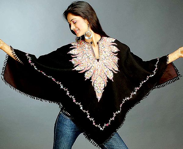 Black Poncho with Aari Embroidery