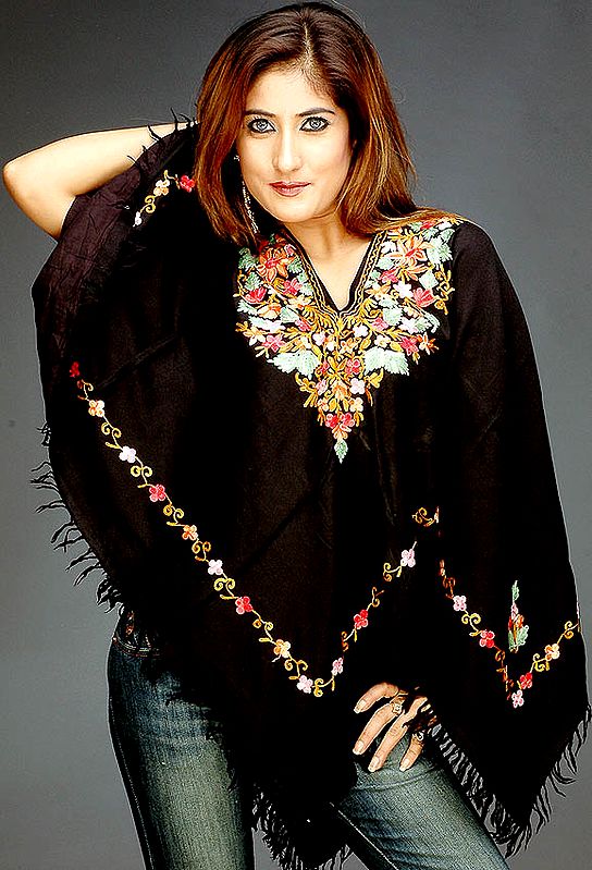 Black Poncho with Aari Embroidery