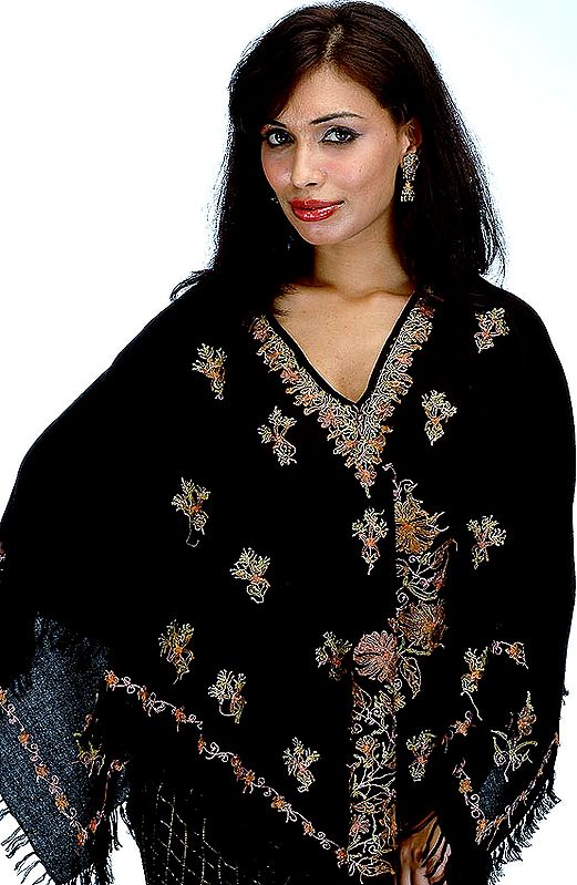 Black Poncho with Hand-Embroidery All-Over