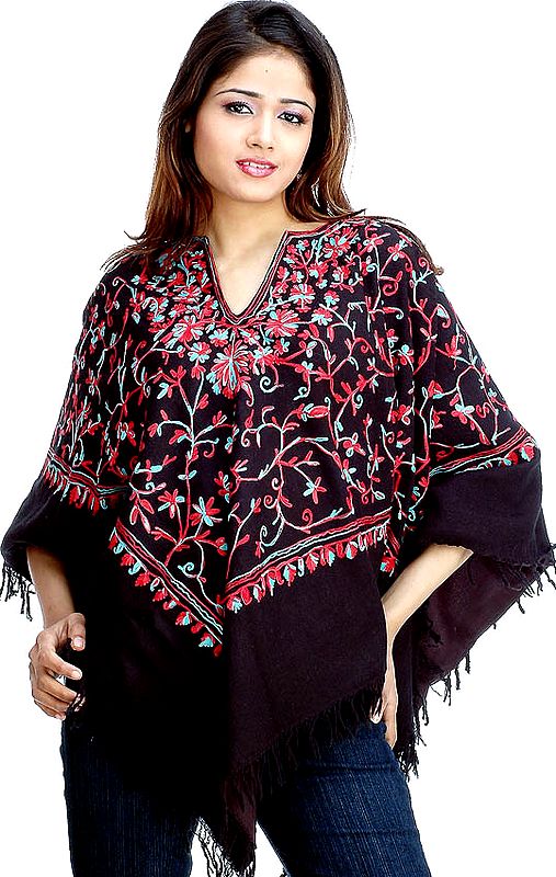 Black Poncho with Jaal Aari Embroidery