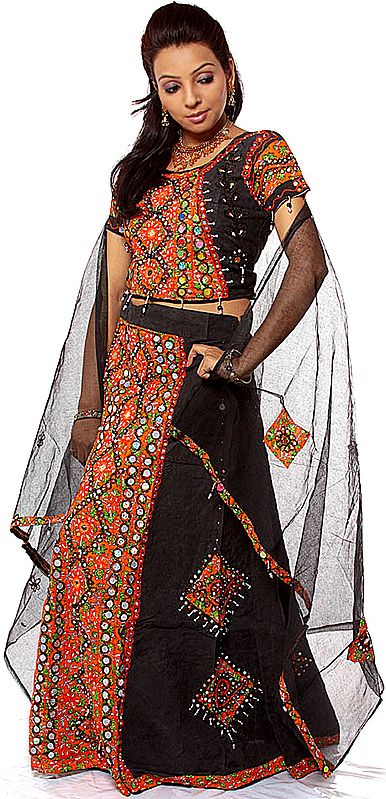 Black Printed Banjara Chaniya Choli from Rajasthan with Mirrors and Embroidery