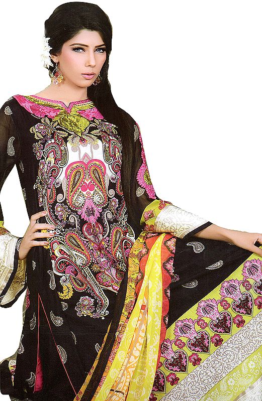Black Printed Suit from Pakistan with Aari Embroidery
