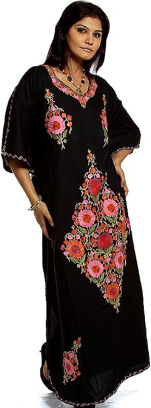 Black Round-Neck Kaftan from Kashmir with Crewel-Embroidered Flowers