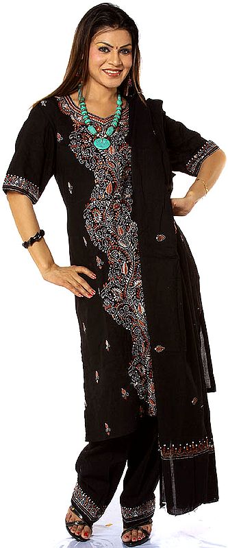 Black Salwar Kameez Suit with Kantha Stitch Embroidery from Kolkata