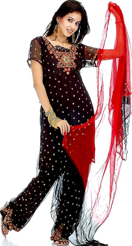 Black Salwar Kameez with Mirrors and All-Over Bootis
