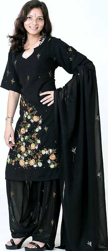 Black Salwar Kameez with Persian Floral Embroidery