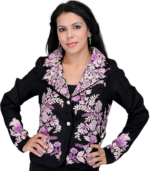 Black Short Designer Kashmiri Jacket with Embroidered Flowers in Lilac Thread