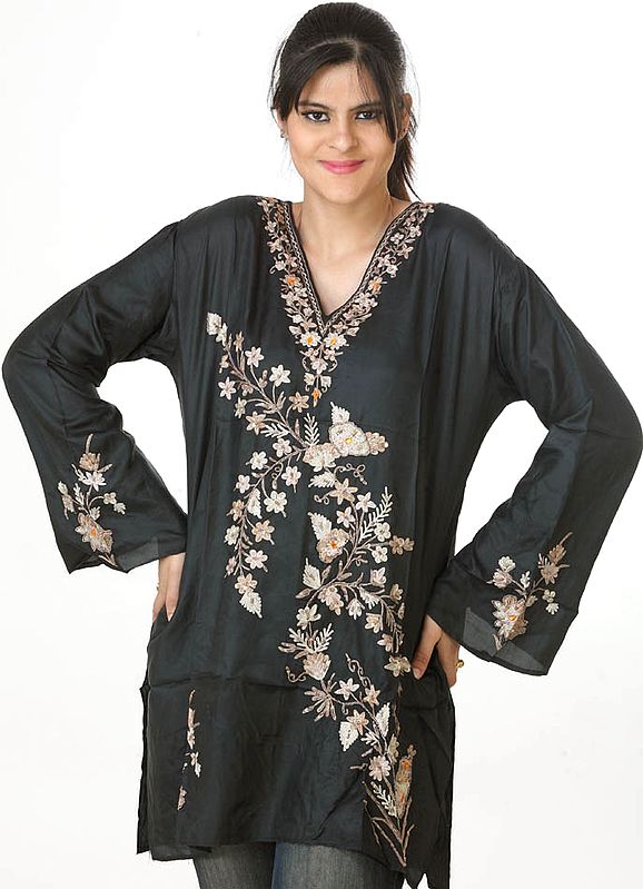 Black Silk Kurti Top from Kashmir with Aari Embroidery and Beadwork