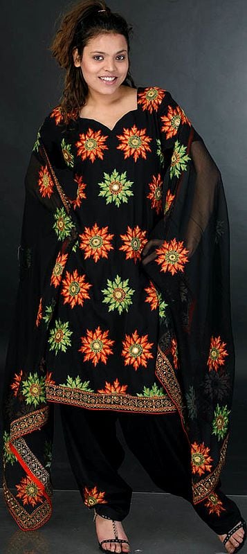 Black Starry Salwar Kameez with All-Over Aari Embroidery and Mirrors