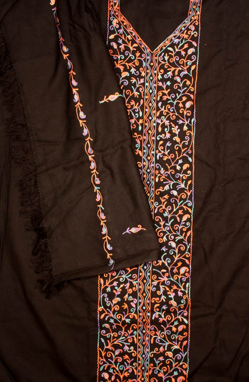 Black Suit from Kashmir with Aari Embroidery in Three Colors