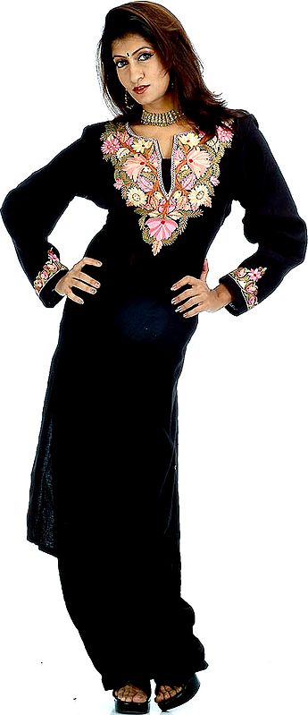 Black Two-Piece Floral Kashmiri Salwar Kameez with Aari Embroidery