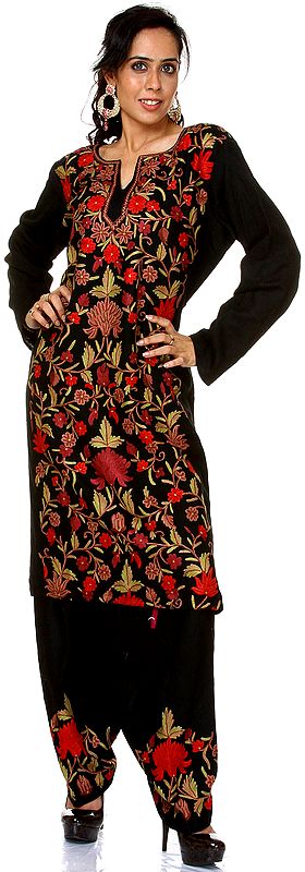 Black Two-Piece Kashmiri Salwar Kameez with Floral Embroidery by Hand