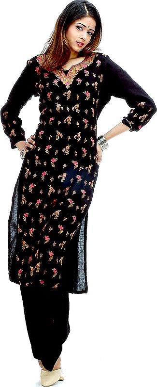Black Two-Piece Kashmiri Salwar Suit with Floral Aari Embroidery