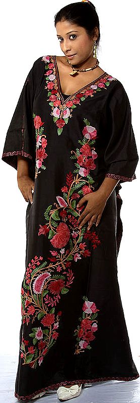 Black V-Neck Kaftan from Kashmir with Crewel-Embroidered Flowers and Leaves