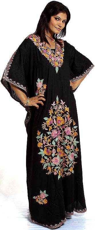 Black V-Neck Kaftan from Kashmir with Embroidered Flowers