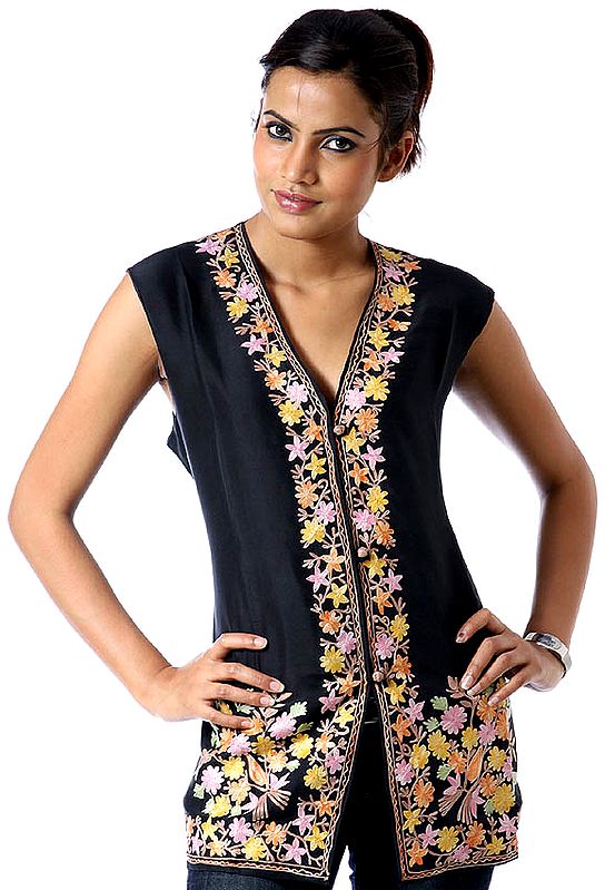 Black Waistcoat with Aari Embroidered Flowers