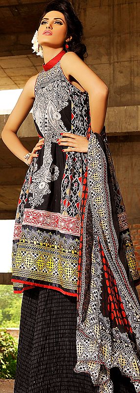 Black-Fusion Long Salwar Suit from Pakistan with Embroidered Panel and Printed Motifs