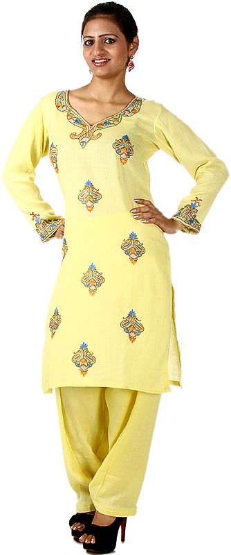 Blazing-Yellow Salwar Kameez from Kashmir with Aari Embroidery in Multi-Color Thread