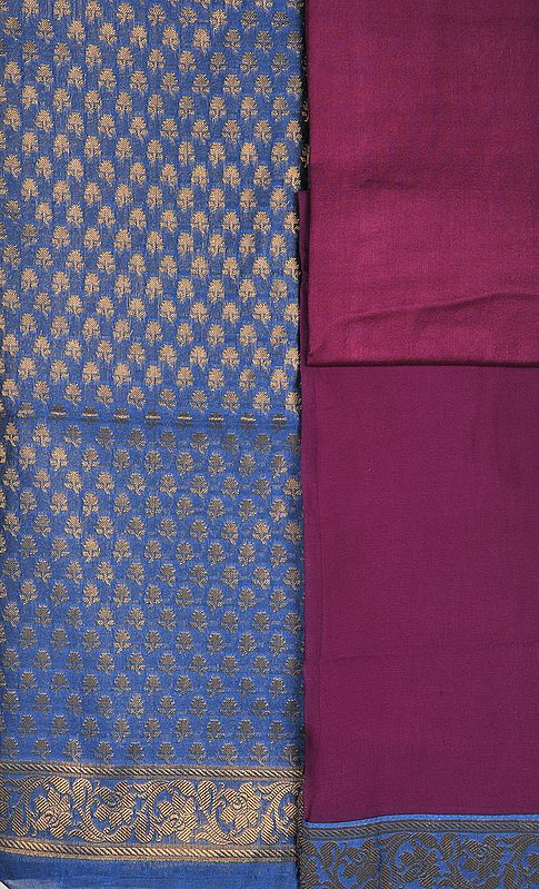 Blithe-Blue Banarasi Salwar Kameez Fabric with Brocaded Flowers in Golden Thread